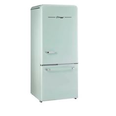 a white refrigerator freezer sitting on top of a white floor next to a wall