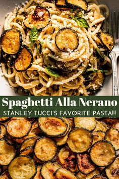 spaghetti alla nerano with grilled zucchini and parmesan cheese on top