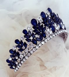 Beautiful navy blue baroque style Victorian crown with Austrian crystals. This navy blue tiara Shines radiantly Perfect for weddings, pageants or any special occasion. Comes beautifully packaged in a pouch. Navy Blue Royal Dress, Quinceanera Dresses Navy Blue And Silver, Navy Blue Tiara, Dark Blue Quinceanera Crown, Navy Blue Crown Quince, Navy Blue Quinceanera Crown, Dark Blue Quince Crown, Dark Blue Quinceanera Theme Ideas, Black And Blue Crown