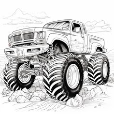 a large monster truck with huge tires driving through the desert coloring pages for adults and kids