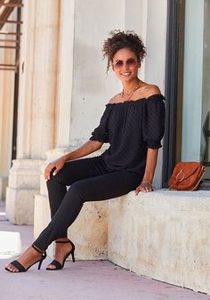 Flattering swiss dot blouse that can be worn on or off the shoulders. Black Ruffle, Off Shoulder Blouse, Off The Shoulder, Off Shoulder, Women Wear, Women's Top, How To Wear, Black