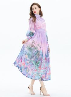 Oasis-like in its serene palette, this dress is a breath of fresh air with its fluid, pastel tones and delicate floral imagery. A vision of springtime charm, the high collar and long sleeves offer a dignified silhouette, while the gentle gathering at the waist cascades into a flowy skirt that dances around the calves. Each brushstroke of the print evokes a dreamy garden, with flowers in bloom and exotic birds in mid-flight, transforming the fabric into a wearable piece of art. Fastened with a neat row of buttons along the bodice and wrists, this dress marries simplicity with sophistication. Ideal for daytime events or enchanting evenings, it's a statement garment that doesn't shout but rather, whispers elegance. Fabric name: chiffonPattern: printingSleeve length: long sleevesMain fabric co Pink Casual Chiffon Dress For Spring, Casual Pink Chiffon Dress For Spring, Pink Bohemian Chiffon Dress For Spring, Bohemian Fitted Long Sleeve Chiffon Dress, Bohemian Pink Chiffon Dress For Spring, Spring Bohemian Pink Chiffon Dress, Bohemian Fitted Chiffon Dress With Long Sleeves, Spring Chiffon Feminine Maxi Dress, Elegant Pink Chiffon Dress For Spring