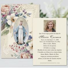 a card with an image of the immaculate mary in blue and pink flowers on it