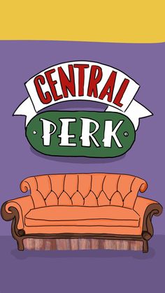 an orange couch sitting in front of a sign that says central perk