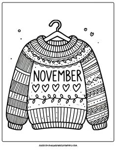 a black and white drawing of a sweater with the words november written in front of it