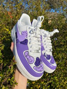 Purple smiley custom hand painted Air Force 1s Purple Nike Air Force, Custom Air Jordans, Purple Airforce 1, Aesthetic Custom Shoes, Air Forces Design, Cute Air Force 1 Customs, Simple Custom Air Force 1, Custom Purple Air Force 1, Colored Air Force 1s