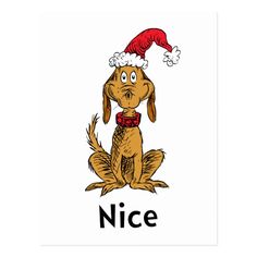 a cartoon dog wearing a santa hat with the word nice