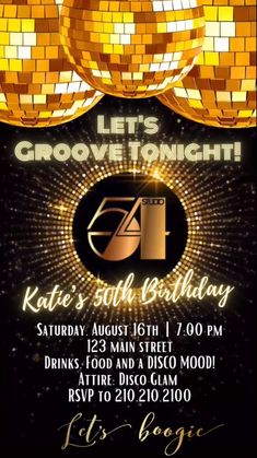 a flyer for a party with gold disco balls and the words grow it's tonight