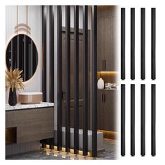 four different views of a modern bathroom with black and gold accents