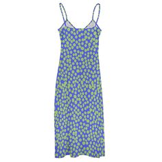 This striking maxi dress showcases a vibrant blue backdrop that sets the stage for a playful, retro-inspired floral pattern with pops of lemon yellow and pale green. • Material: 95% polyester + 5% spandex, lightweight and slightly elastic.• Features spaghetti strap and ankle length, simple but stylish.• All-match fashion, can match high heels, sneakers, or slippers.• Suitable for daily wear for home, out and shopping.• Machine washable in cold water. Do not bleach and soak for a long time.• Note Blue Printed Midi Sundress, Blue Printed Midi Length Sundress, Blue Printed Maxi Dress With Spaghetti Straps, Casual Lemon Print Midi Dress For Summer, Casual Lemon Print Midi Dress For Spring, Casual Summer Midi Dress With Lemon Print, Casual Green Lemon Print Dress, Green Casual Dress With Lemon Print, Casual Spring Midi Dress With Lemon Print