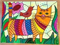 a colorful cat and bird are depicted in this stained glass art piece by artist person