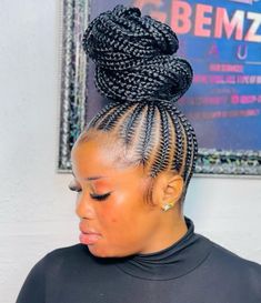 Stitch Braids with High Bun on Long Black Hair Natural Cornrow Hairstyles, Feed In Braids Ponytail, Stitch Braid, Feed In Braids Hairstyles, Goddess Braids Hairstyles, Braids Hairstyles Pictures, Stitch Braids