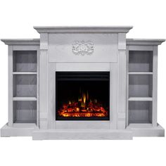 a white fireplace with shelves and a fire place