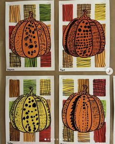 four pumpkins are drawn in different colors and designs on white paper with colored pencils