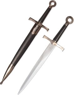 two swords with metal handles are shown side by side, one is black and the other is silver