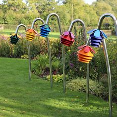 colorful paper lanterns are lined up in the grass near some bushes and flowers on a sunny day