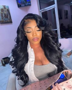 human hair, body wave hairstyle, affordable fashion, long hair, black color wig, gorgeous hair look. Follow us to get your Dream Hair&Dream Life Site: unice.com IG: @unicehair Brazilian Hair Wigs, Loose Waves Hair, Remy Hair Wigs, 100 Human Hair Wigs, Body Wave Wig, Body Wave Hair, Front Lace Wigs Human Hair, Human Hair Lace Wigs, Wigs Hair Extensions