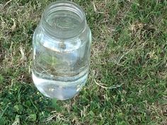 an empty glass jar sitting in the grass with water on it's side,