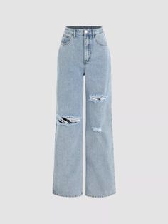 Denim Basic Ripped Jeans US$30.00 Celana Fashion, Denim Patterns, Outfit Jeans, Clothing Details, Distressed Denim Jeans, Straight Leg Denim, Loose Pants, Blue Outfit, Straight Leg Trousers