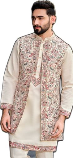 Details : Color - cream  Any Color you may ask for...(We can make it)  Fabric silk Fabric  Work Details ;Embroidery Bottom Details -White- Pajama Package Include : Top , Bottom,kurta All others accessories are for photography purpose only . Just the Top and bottom available . Color variation may be there slightly , due to computer resolution and camera . Traditional Silk Nehru Jacket For Reception, Silk Nehru Jacket With Intricate Embroidery For Reception, Cream Nehru Jacket With Chikankari Embroidery For Reception, Beige Wedding Kurta With Floral Embroidery, Beige Silk Kurta For Wedding, Beige Floral Embroidery Kurta For Wedding, Beige Floral Embroidered Kurta For Wedding, Cream Sets With Floral Embroidery For Transitional Season, Transitional Floral Embroidered Cream Sets