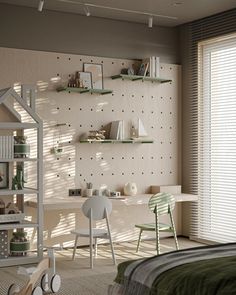 a bedroom with a bed, desk and shelves on the wall next to a window