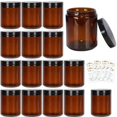 12 brown glass jars with black lids and stickers for decal decoration, set of 8