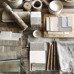 the table is covered with different types of paint