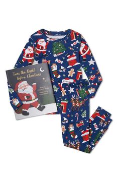 Snuggle up with a classic Christmastime story in these cozy cotton pajamas enriched with a fun and festive holiday-themed print. This item is designed to fit snugly, as it is not flame-resistant Pants have elastic waist 100% cotton Machine wash, tumble dry Includes 24-page book; 9 3/4" x 8 1/2" Christmas Pajamas For Kids, Pajama Gift Set, Pajamas For Kids, Twas The Night Before Christmas, Christmas Pj, Cotton Pajama Pants, Boys Sleepwear, Christmas Blue, Christmas Poems