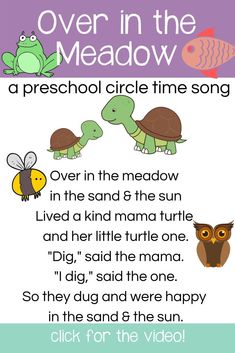 a poem with the words over in the meadow and an image of two turtles, one turtle