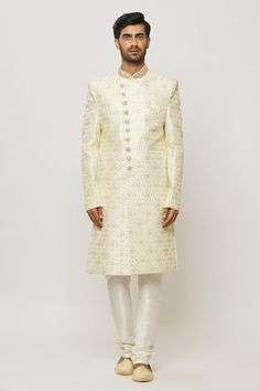 Cream sherwani thread embroidered with geometric wave patterns, embellished by crystals and sequin. Comes with a churidar. - Aza Fashions Self Design, Churidar, Wave Pattern, Mandarin Collar, Embroidered Silk, Pocket Square, Aza Fashion, Custom Made, Types Of Sleeves