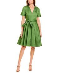 About The Brand: Timeless Designs Done Well. Tie-Waist A-Line Dress In Green With Pleated Shoulders And Side Slip Pockets Approximately 40in From Shoulder To Hem Center Back Zipper With Hook-And-Eye Closure Shell: 97% Cotton, 3% Spandex Lining: 100% Polyester Dry Clean Only Imported Elegant Pleated Waist Midi Dress For Garden Party, Elegant Midi Dress With Pleated Waist For Garden Party, Silk Cocktail Dress With Tie Waist, Elegant Green Dress With Tie Waist, Elegant Dresses With Pleated Waist For Garden Party, Spring Wedding Dress With Fitted Waist, Spring Formal Dress With Tie Waist, Spring Formal Dress With Fitted Waist, Spring Wedding Belted Midi Dress