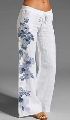 Vestiti In Jeans, Casual Linen Pants, Printed Flare Pants, High Waist Wide Leg Pants, Printed Wide Leg Pants, Linen Casual, Painted Clothes, Wide Leg Linen Pants, Womens Tops Summer