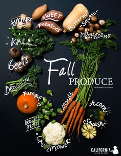 an image of vegetables arranged in the shape of a circle on a black background that says fall produce