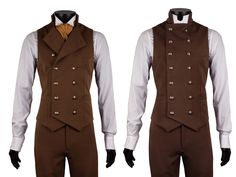 Double breasted high collar waistcoat and trousers by Excalibur Belgium Metal buttons in Silver or Brass color Opening or closing the buttons changes the style of this waistcoat from dandy to classic military style. All our garments are made to order. If you have specific request for alterations, just let us know. Sizes 44 to 60 or made to measure The size can be altered to your measurements.  If you have any questions, don't hesitate to get in touch. We'll gladly help by messages, mail, phone o Victorian Dandy, Double Breasted Waistcoat, Vest For Men, Copper Brown, Victorian Vintage, Vintage Vest, Pleated Trousers, Military Style, Mens Costumes