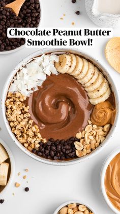 a bowl filled with peanut butter, banana slices and chocolate chips next to other bowls