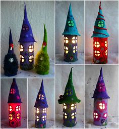 there are many different types of houses made out of clay and paper mache with lights on them