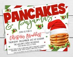 pancakes and pajamas christmas brunch party flyer with santa's hat on top