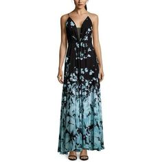 Brand New With Tags, Msrp $320. A Scattered Floral Print Becomes The Focal Point Of This Flowing Chiffon Gown Featuring A Unique Neckline, By Betsy & Adam. Betsy & Adam Women's Placed-Floral Chiffon Maxi Gown (Black/Teal), Dry Clean, Formal, Sleeveless, Style: Gown, Size Type: Regular Long Length V-Neckline With Mesh Inset Zipper Closure Sleeveless Placed Floral Print Throughout Draped At Bodice Polyester Dry Clean Imported Occasion: Evening Size: Womens Size 2 Material: 100% Polyester Color: Bl Bohemian A-line Maxi Dress For Evening, Chic Evening Gown With Floral Print, V-neck Evening Dress With Floral Print, Fitted Chiffon Summer Gown, Fitted Chiffon Gown For Summer, Summer Chiffon Fitted Gown, Summer Evening V-neck Gown, Flowy Sleeveless Evening Gown, Spring Evening Chiffon Maxi Dress