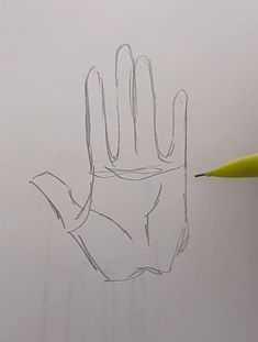 a drawing of a hand with a pencil in front of it that is drawn on paper