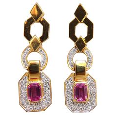 Mod Dangle Pink Sapphire Earrings. 2.14ct. Natural Pink Sapphires Full Brilliant Emerald Cuts. Top Gem Vivid Fancy pink 7.2 X 5.5mm Natural Diamonds: Rounds, full cuts .80ct. G-color, Vs-2 clarity 13.7 grams 14Kt. yellow gold. Overall: 1.6 Inch Long .50 Inch (wide at lower cluster) Butter Fly Push backs / Comfortable Dangles. $11,000 Appraisal Report to Accompany Pink Sapphire Earrings, Diamond Dangle Earrings, Sapphire Earrings, Sapphire Diamond, Pink Sapphire, Luxury Jewelry, Natural Diamonds, Bracelet Watch, Jewelry Earrings Dangle