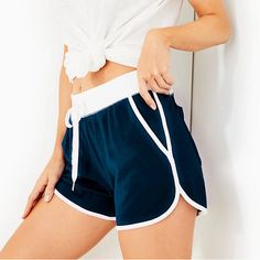 New With Tags Lilly Pulitzer 4" Trysta Knit Short Aegean Navy Our Newest Lounge Love, The Trysta Short Is A Comfy Mid-Rise Style With A Straight Fit, Made From Laid-Back Luxe Terry. Sku: 013064 Nautical, Sailor, Comfortable Blue Summer Shorts, Comfortable Stretch Blue Shorts, Comfortable Blue Shorts For Summer, Comfortable Blue Bottoms For Vacation, Navy Stretch Bottoms For Summer, Sporty Navy Bottoms For Summer, Blue Athleisure Bottoms For Beach Season, Blue Beachwear Shorts For Leisure, Comfortable Blue Summer Bottoms