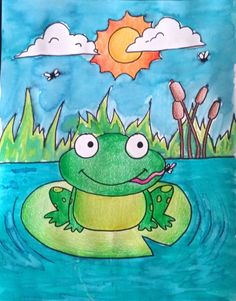 a drawing of a frog in the water