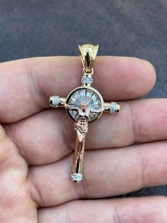 "925 Sterling Silver Crucifix with 14k gold plating - Super icy baguette simulated diamond stones (cz) - 5.6 grams - Handmade in Italy - Approximately 2\" x 1\" including bale - Buy pendant only or with choice of 2mm rope chains Chains also made in Italy & are solid sterling silver with gold finish" Yellow Gold Crucifix Jewelry With Cubic Zirconia, Yellow Gold Cubic Zirconia Crucifix Jewelry, Gold Crucifix Jewelry With Diamond Accents, Vvs Clarity Crucifix Jewelry Gift, Fine Jewelry Cubic Zirconia Crucifix, Rose Gold Baguette Diamond Jewelry In Cubic Zirconia, Rose Gold Cubic Zirconia Jewelry With Baguette Diamonds, Cubic Zirconia Crucifix Jewelry Gift, Baguette Diamond Cross Pendant Jewelry For Gifts