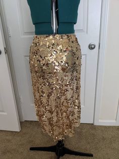 "Golden sequin skirt with an elastic waistband. Fits size S/M. Skirt is 25\" around when the elastic is relaxed. Can stretch to 30\" around. It is 29\" long at lowest point" Glamorous Stretch Skirt With Sequins, Sequin Skirt Bottoms For Night Out, Sequin Skirt For Party Season, Sequin Skirt For Night Out, Sequin Stretch Pencil Skirt, Stretch Sequin Pencil Skirt, Sequin Pencil Skirt For Night Out, Glamorous Sequin Pencil Skirt, Gold Sequined Bottoms For Holiday