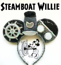 a mickey mouse head with sequins and other items around it that says steamboat willie