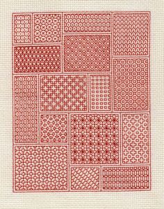 a red and white square with many squares on the side, all in different sizes