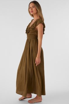 Elegant woven maxi dress that has a deep v-neckline, ruffle detail and solid color wash. O'Neill Women's woven maxi dress 56" In length Bodice ruffles Pin tucks on bodice Tie back detail Solid color wash 100% Viscose Crinkle | O'Neill Women's Nolee Solid Maxi Dress in Military Olive, Size XS, Viscose Green V-neck Maxi Dress With Smocked Back, Beach V-neck Ruffle Maxi Dress, Beach V-neck Maxi Dress With Ruffles, Maxi Length V-neck Ruffled Beach Dress, Casual V-neck Maxi Dress With Ruffles, Solid Color Maxi Dress With Surplice Neckline For Spring, Spring Solid Color Maxi Dress With Surplice Neckline, Flowy Maxi Length V-neck Dress With Ruffles, Flowy Ruffled V-neck Maxi Dress