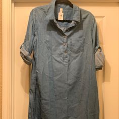 Brand New With Tags This Denim Dress Can Be Casual Or Dress Up Size Large Casual Washed Blue Chambray Denim Dress, Casual Chambray Denim Dress Medium Wash, Casual Medium Wash Dress With Pockets, Medium Wash Chambray Denim Dress, Casual Medium Wash Chambray Denim Dress, Casual Medium Wash Denim Dress For Spring, Casual Light Wash Long Sleeve Dresses, Dark Wash Chambray Dress With Pockets, Casual Chambray Denim Dress For Spring