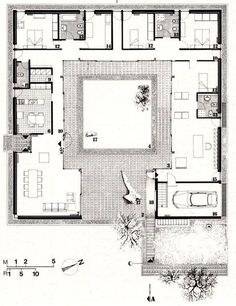 the floor plan for a house with an outdoor swimming pool and two separate living areas