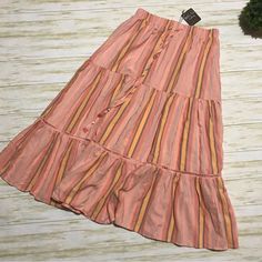 This Skirt Is New With Tags! Peach Pink Orange Color With Striped Print. Long Modest Midi Length Skirt. Elastic Waist With Drawstring. Tiered Ruffle Style Perfect For Spring And Summer. Women’s Size Small. 2.5.23 F Pink Plaid Skirt, Yellow Floral Skirt, White Skater Skirt, Apricot Tree, Coral Skirt, Faux Suede Skirt, Sparkle Skirt, Gold Skirt, Tiered Midi Skirt